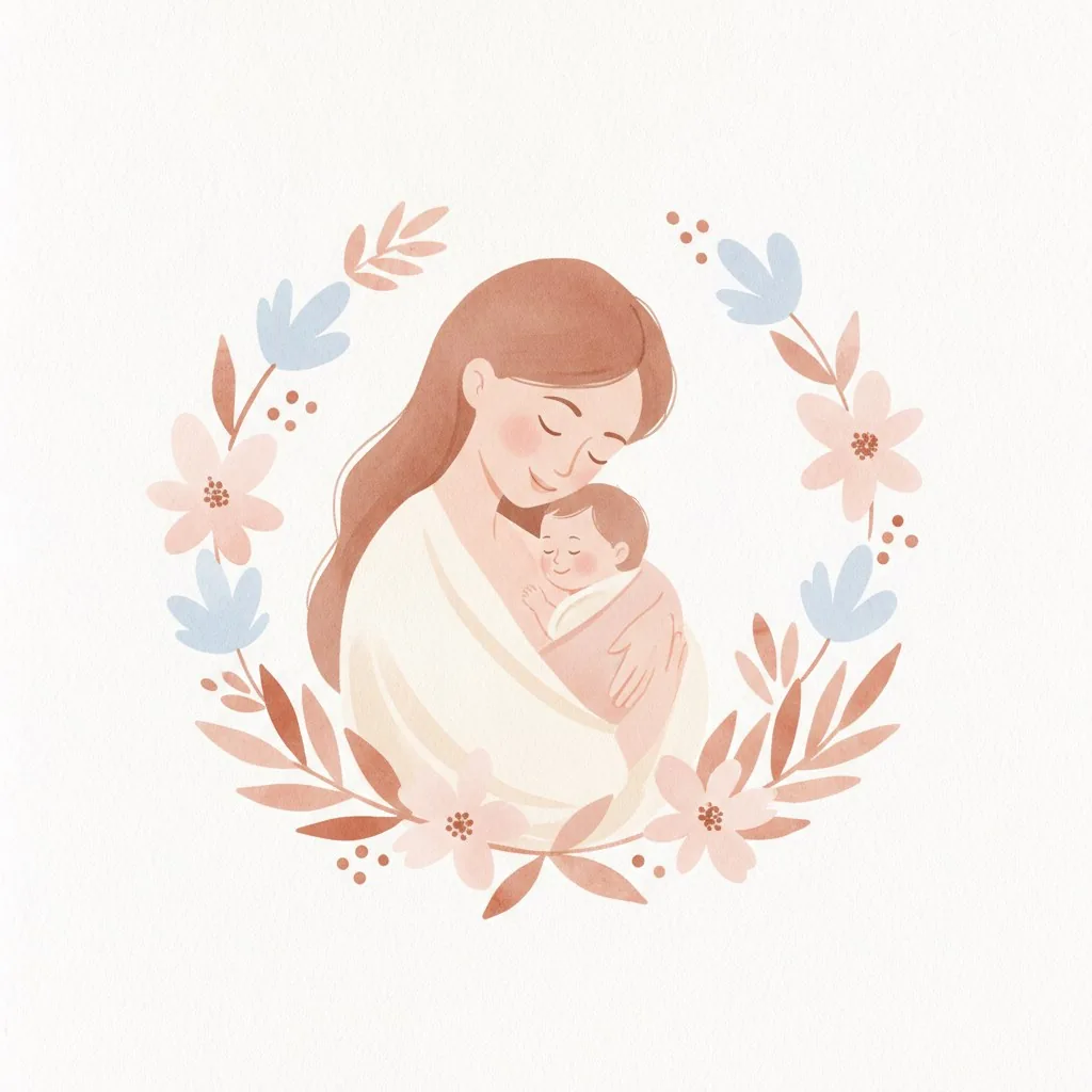 Ilustración en acuarela de una madre que sostiene a su bebé cerca, rodeada de hojas suaves