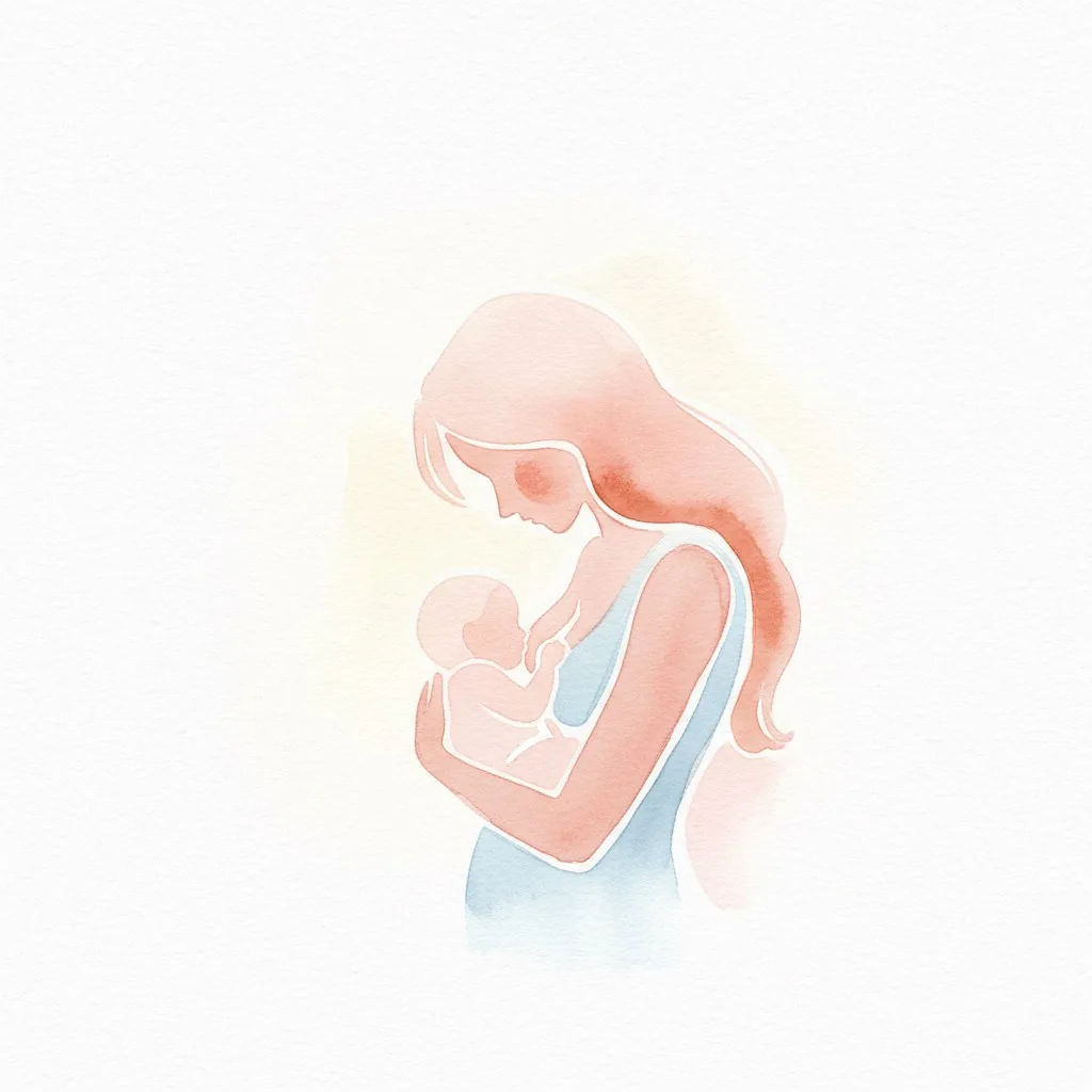 Ilustración en acuarela de una madre amamantando a su bebé con luz suave