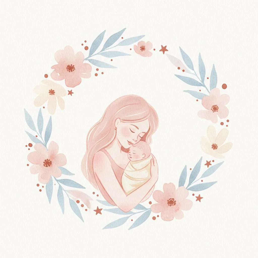 Ilustración en acuarela de una madre que abraza a su recién nacido dentro de una corona de flores