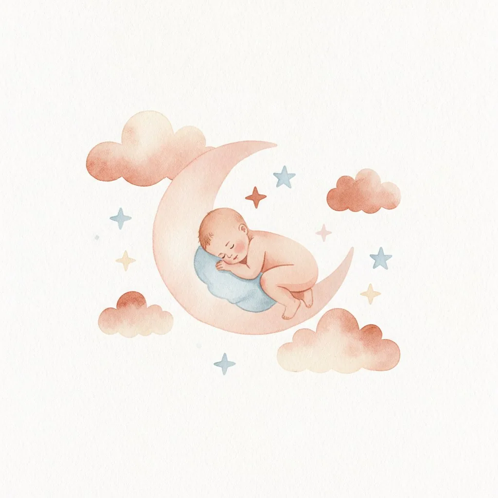 Ilustración en acuarela de un bebé dormido sobre una luna creciente entre nubes