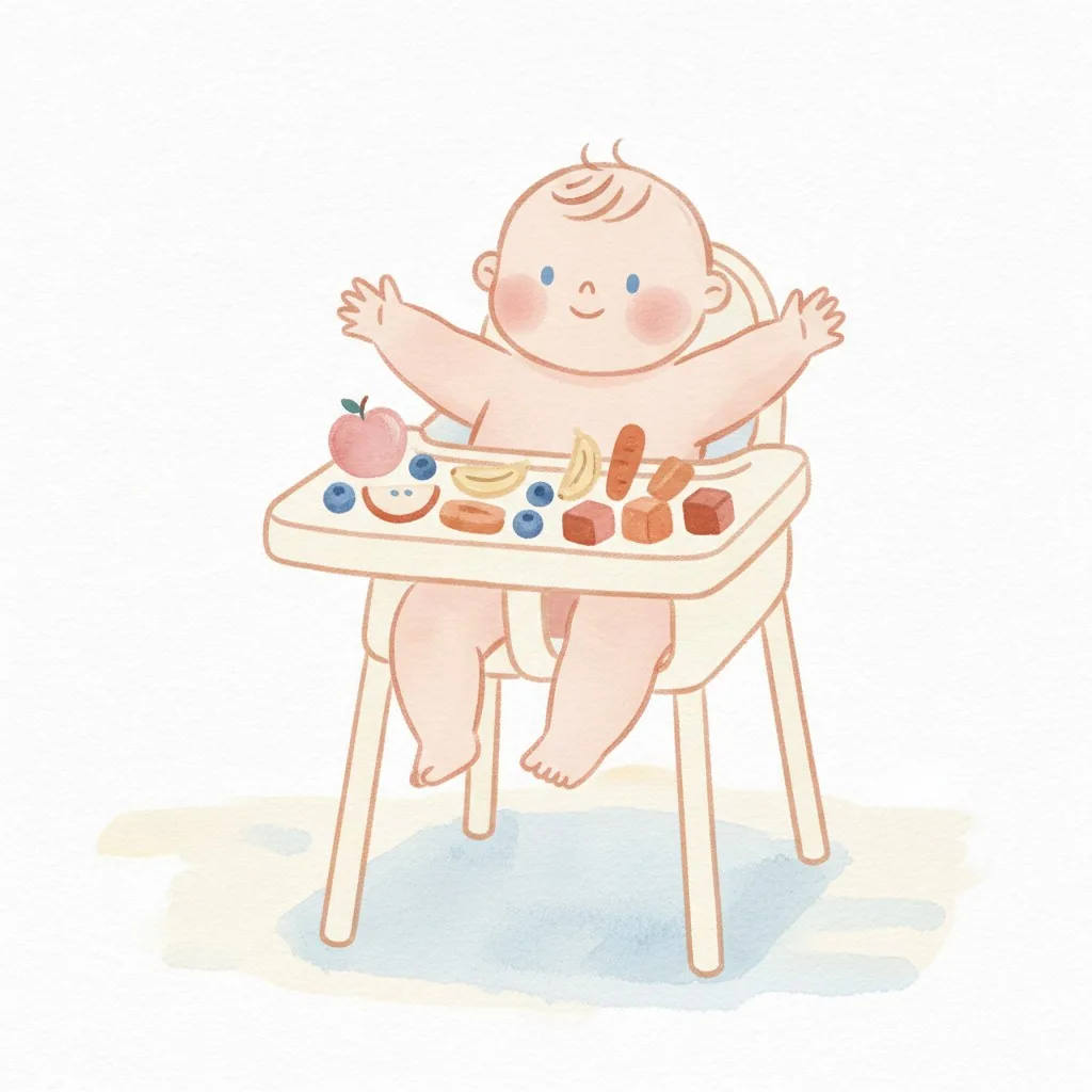 Ilustración en acuarela de un bebé feliz en su silla alta con fruta