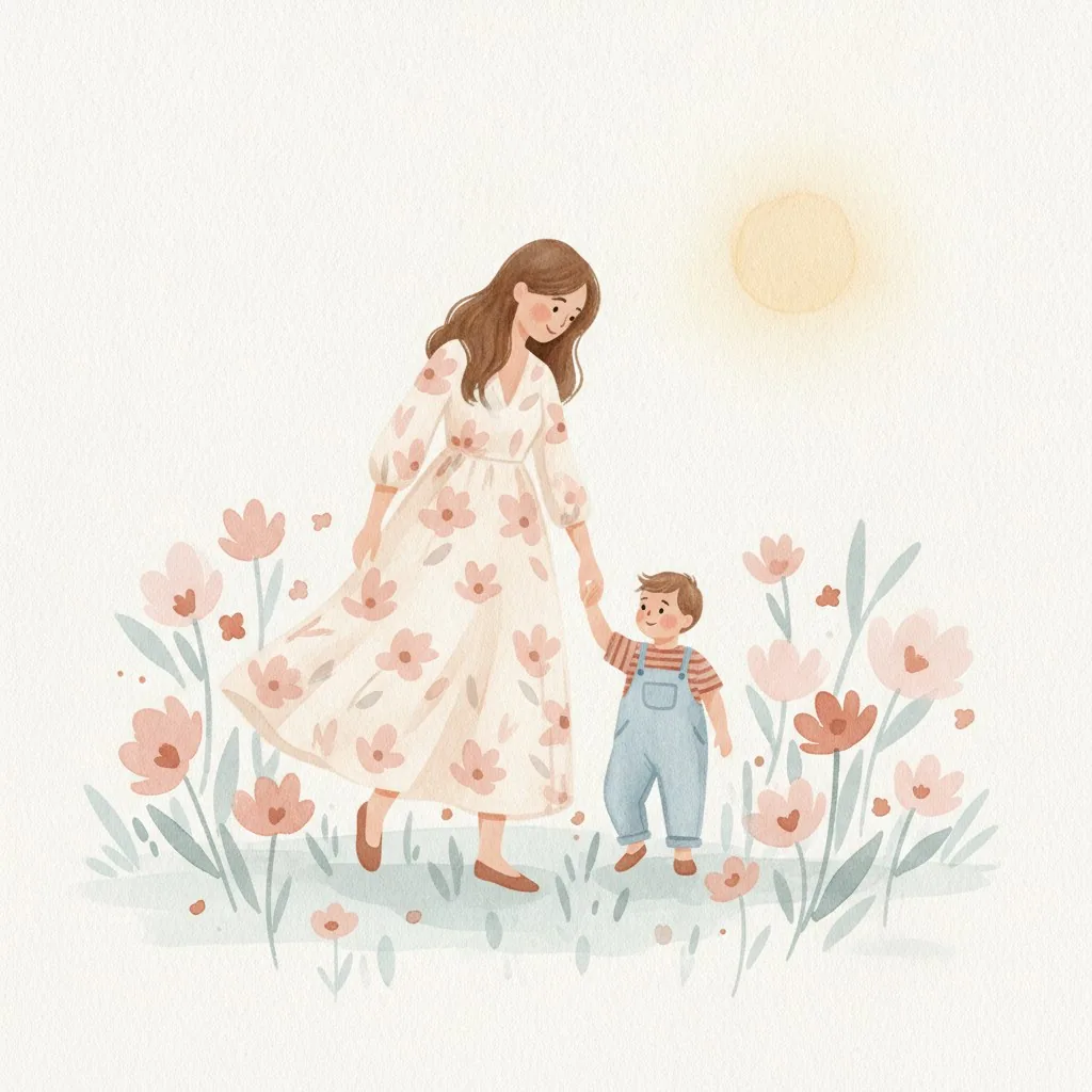 Ilustración en acuarela de una madre y su hijo pequeño caminando de la mano entre flores