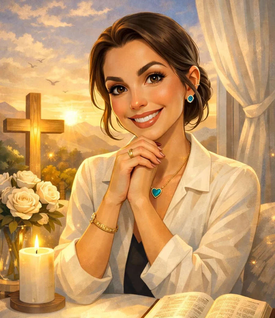 Retrato ilustrado de Claudeth Gómez Obregón en oración junto a una Biblia abierta